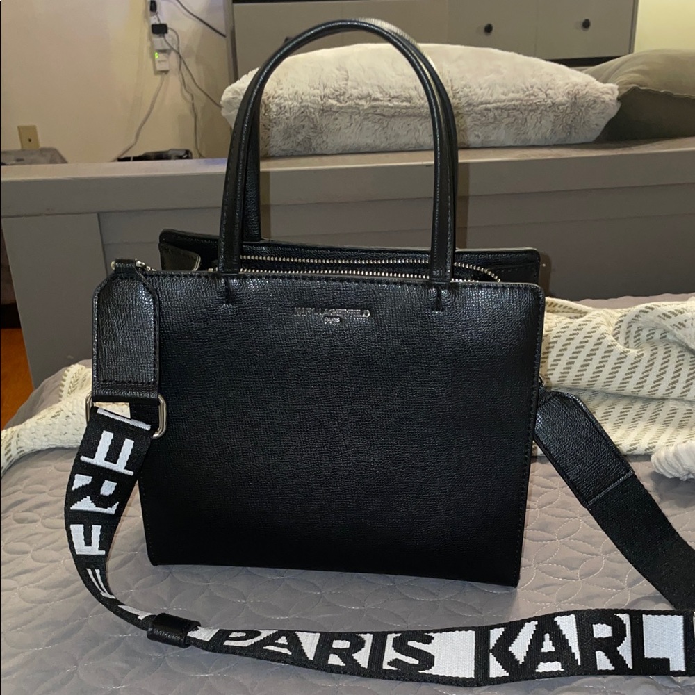 Karl Lagerfeld Maybelle Duo Handle Black Satchel  Bag with Logo Strap
NEW